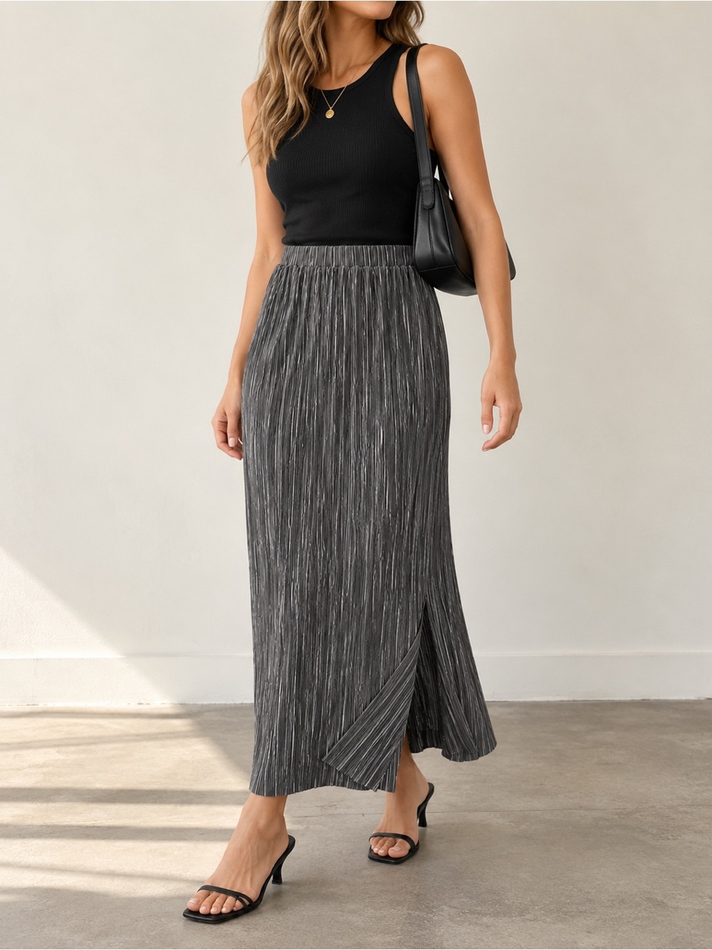 14th & Union Black Ribbed Tank with Charcoal Pleated Maxi Skirt